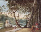 A wooded landscape with a beggar kneeling before a cardinal
